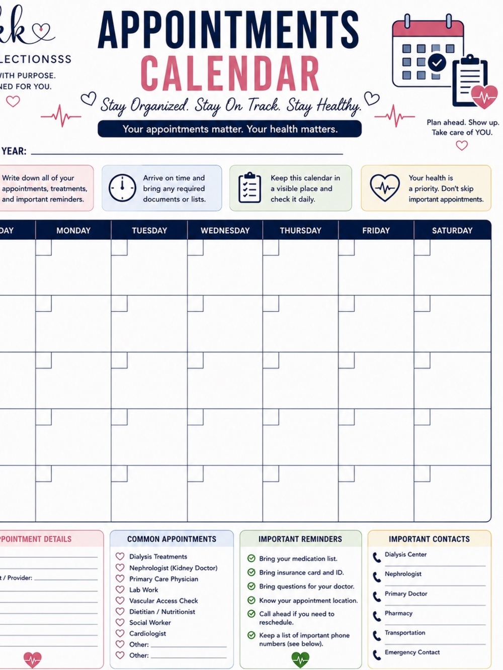 8.5 by 11 inch Appointments Calendar - KK Collections - Navy & Pink